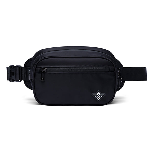 The Erozul Fortuna Smell Proof Fanny Pack Crossbody Bag by Erozul is a black, water-resistant bag with a front zipper pocket, adjustable strap, and a subtle geometric logo—ideal for stylish versatility.